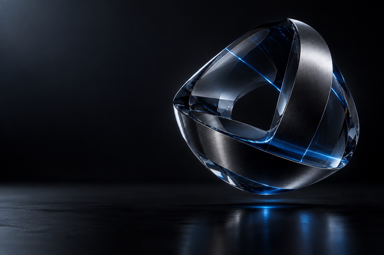 Escultura conceptual de vidrio y metal iluminada en azul